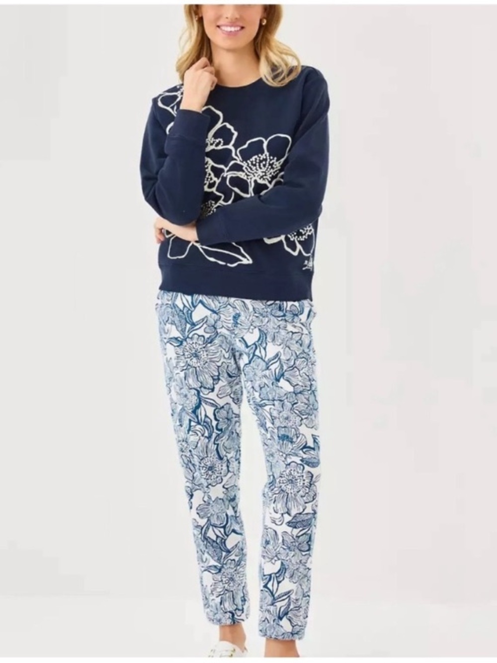 Lilly Pulitzer Navy & White Floral Straight Leg Pants